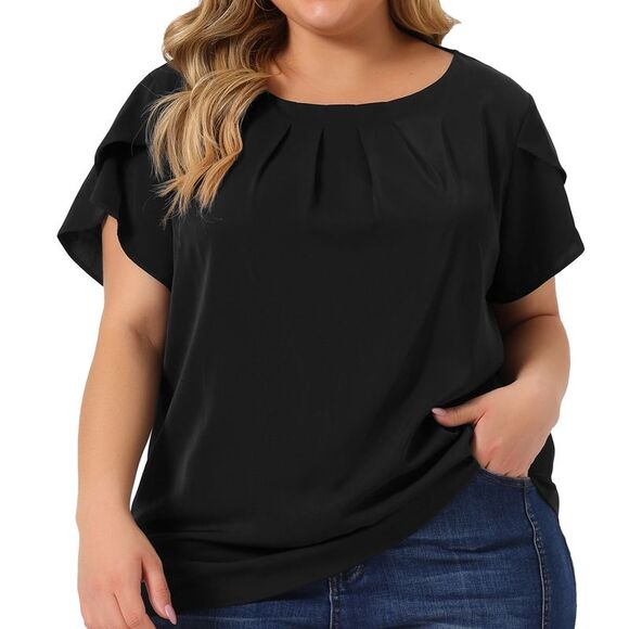 Plus Size Tops Women Round Neck Basic Pleated Top Tulip Sleeves Blouse Black - Picture 1 of 6